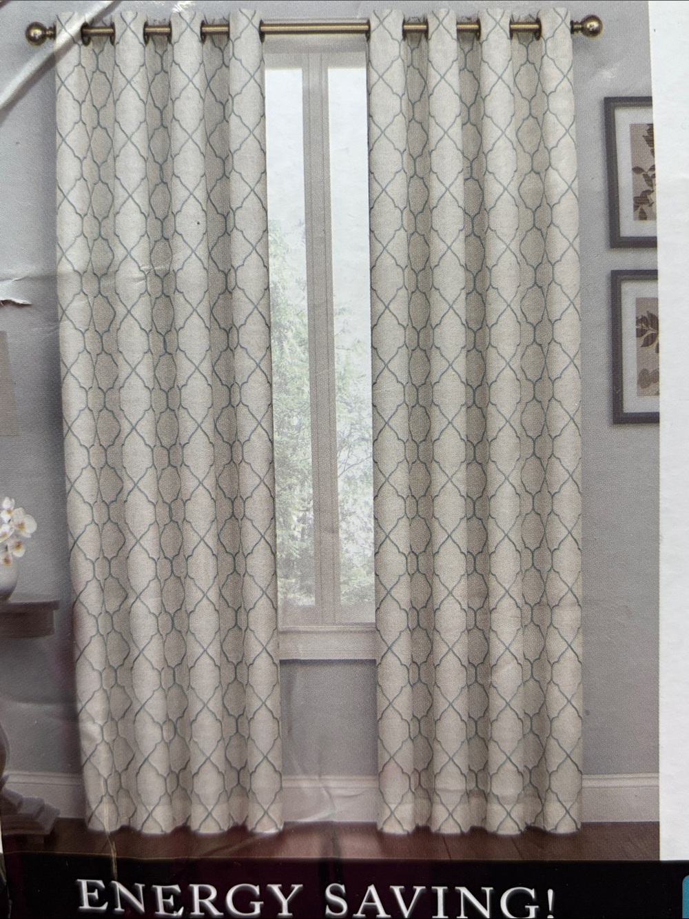 Two panels of Embroidered Lattice Room Darkening Window Panel - Aqua